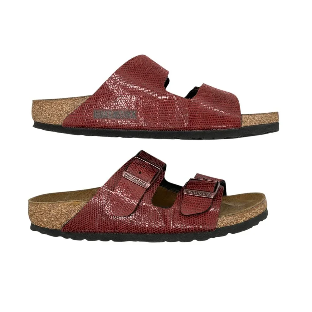 Birkenstock Arizona Birko-Flor Maroon Snake Pattern 2 Straps Slide Sandals 36